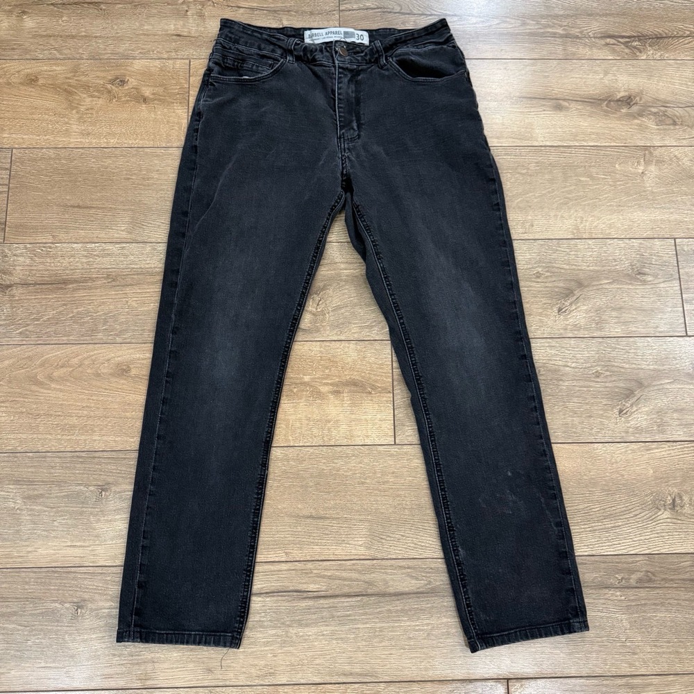Barbell Jeans Mens 30 Black Slim Fit Black Denim Leather‎ Brand Patch Athletic - Picture 2 of 6